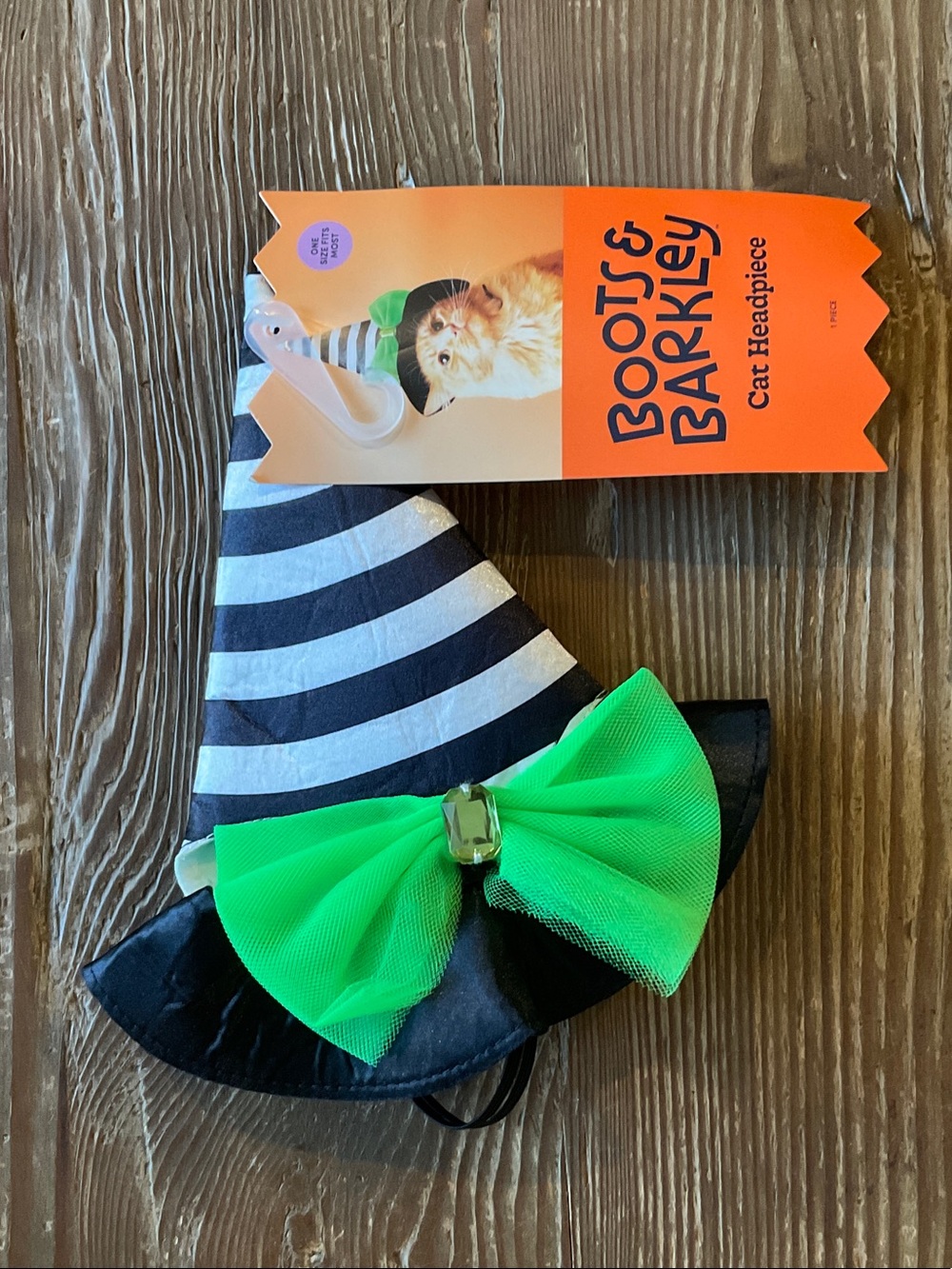 Boots & Barkley Black & White Striped small pet Witch Hat w/ Neon Green Bow